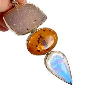 Moonstone Pendant, Honey Amber, Druzy, Sterling Silver, Vintage Pendant, 3" Long